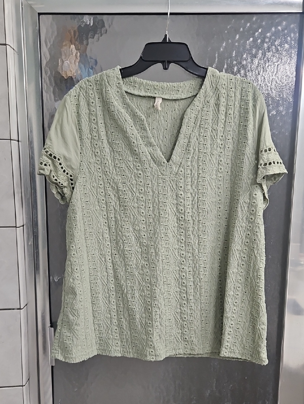 Women's Lace-Panel V-Neck Tunic in Sage Green